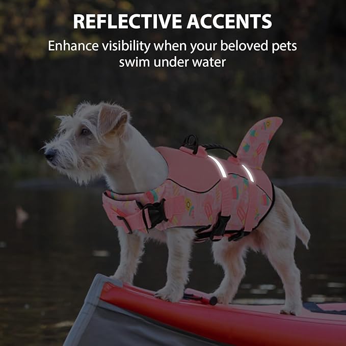 Queenmore Dog Life Jacket High Flotation, Reflective Dog Life Vests for Swimming, Adjustable Dog Life Preserver Rescue Handle Spring Summer Pool for Small, Medium, Large Dogs (Pink Ice Cream,S)