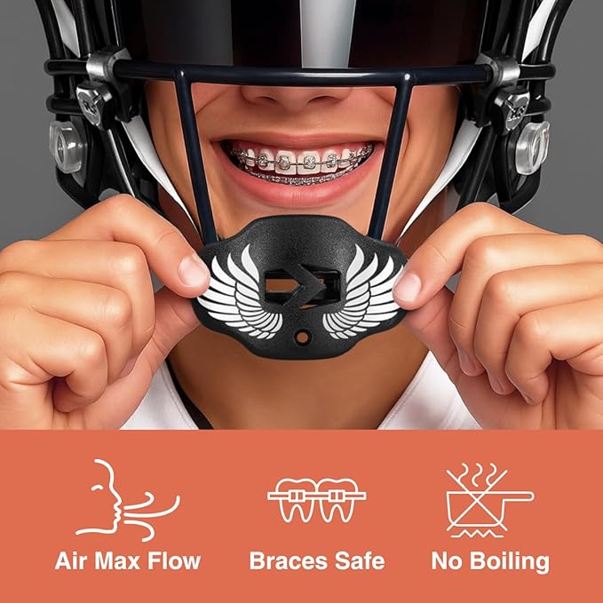 SLEEFS Football Mouth Guard - Youth Mouthguard with Strap - Lip/Teeth Protector Mouthpiece - No Boil - for Youth/Adults, Maximum Air Flow, for All Sports - Icarus Black