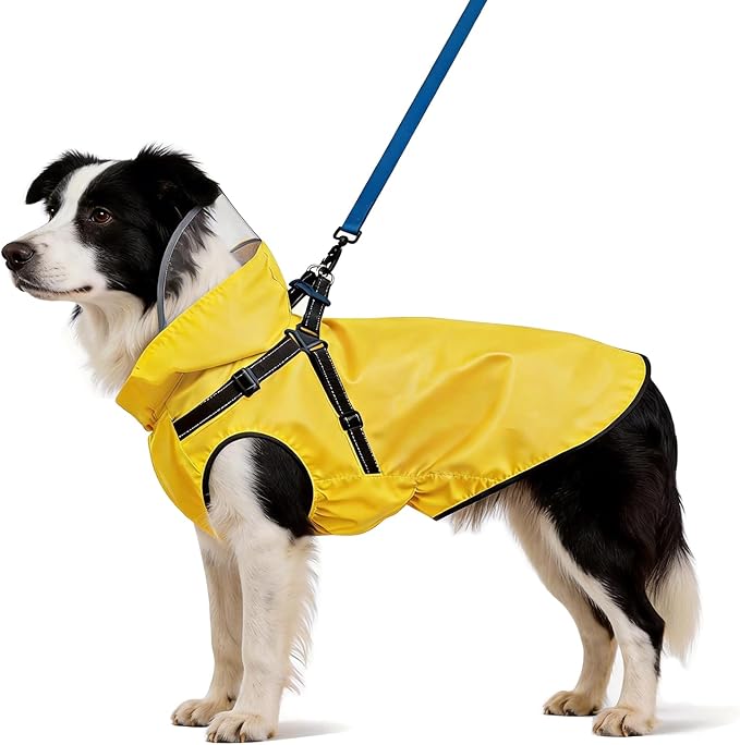 Dog Raincoat: Dog Rain Jacket with Reflective Harness & Removable Hood | Waterproof Dogs Rain Coat Poncho for Large Medium Small Dogs Puppies (Yellow - L)