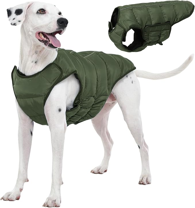 Kuoser Dog Puffer Jacket Warm Dog Coat for Large Dogs, Windproof Reflective Pet Padded Vest Cold Weather Clothes Puppy Snowsuit with Hook & Loop Coats, Easy On/Off, Green XL