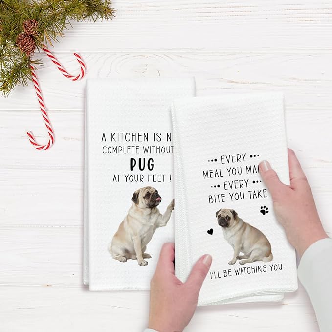 Funny Pug Dish Towels for Kitchen Sets of 2, Gifts for Pug Dog Lover, Drying Cloth Tea Towel Hand Towels for Cooking Baking Bathroom Decor, 16 x 24 Inch -22