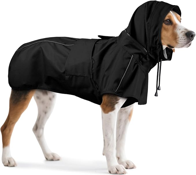 Dog Raincoat XL, Waterproof Rain Jacket for Dogs with Hood and Leash Hole, Reflect Strips, Ideal for Rain, Snow, Windy Weather & Outdoor Walks, Camping, Hiking - Black