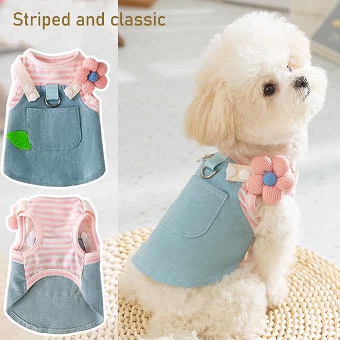 ANIAC Denim Small Puppy Dress 3D Flowers Girl Dog Clothes with D-Ring and Pocket Striped Female Cat Harness Dresses Shih Tzu Yorkies Chihuahua Outfits Summer Pet Clothing (X-Small, 3D Pink Flowers)
