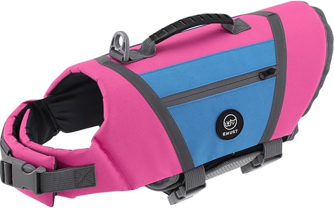 EMUST Dog Life Vests for Swimming, Adjustable Pet Life Jackets for Small Dogs with Hook & Loop, Reflective Dog Swim Vest with Quick-Release Buckles for Bulldogs, Dachshunds, Corgis, Pink&Blue, S