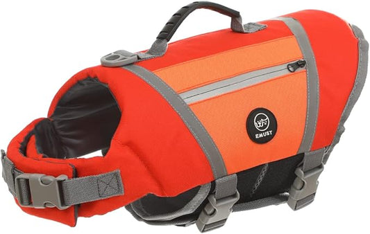 EMUST Dog Life Vest, Lightweight Life Jacket for Dogs with Pockets, Stylish Dog Life Preserver with Rescue Handle & Reflective Stripes for Swimming, Boating, Kayaking, Orange, XS