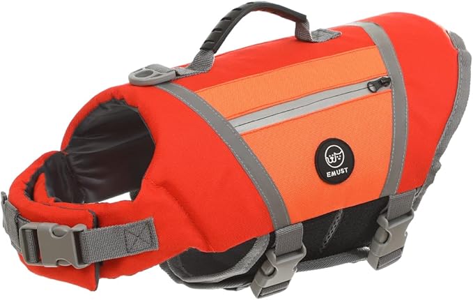 EMUST Dog Life Vests for Swimming, Adjustable Dog Life Jackets for Small Dogs with Hook & Loop, Reflective Dog Swim Vest with Quick-Release Buckles for Bulldogs, Dachshunds, Corgis, Orange, S
