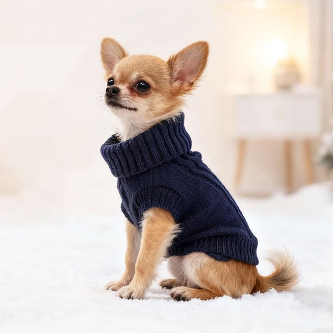 Dog Sweater for Small Dogs Fall Winter Dog Knitted Sweaters Warm Puppy Clothes Chihuahua Sweater Thick Pet Knitwear Tiny Dog Clothes for Teacup Yorkie (Navy Blue, Medium)