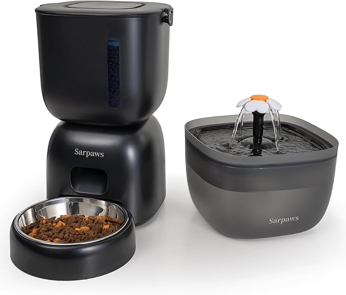 Automatic Cat Feeder and Water Dispenser FW1, Wire or Battery Cat Food Dispenser Timer Pet Feeder - Locking Lid, Desiccant Bag, Programmable Portion Control, 4 Daily Meals, 10s Voice Recorder