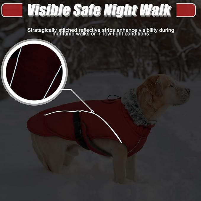 DENTRUN Winter Warm Dog Coat Reflective Jacket with Turtleneck for Cold Weather, Adjustable Buckle Windproof Water Repellent, Thick Snowsuit Fleece Vest for Small, Medium, Large Dogs, Red, L
