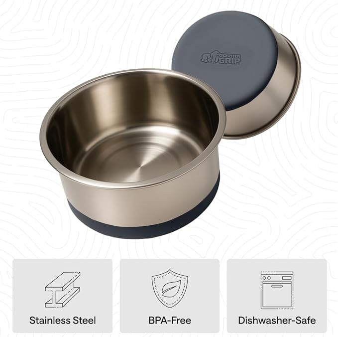 GORILLA GRIP Dog Bowls, Heavy Duty 304 Stainless Steel, Holds 6 Cups Each (48 fl oz) Food and Water Bowl for Feeding Dogs and Cats, Dishwasher Safe, Rust Resistant, BPA Free Rubber Base Set of 2 Gray