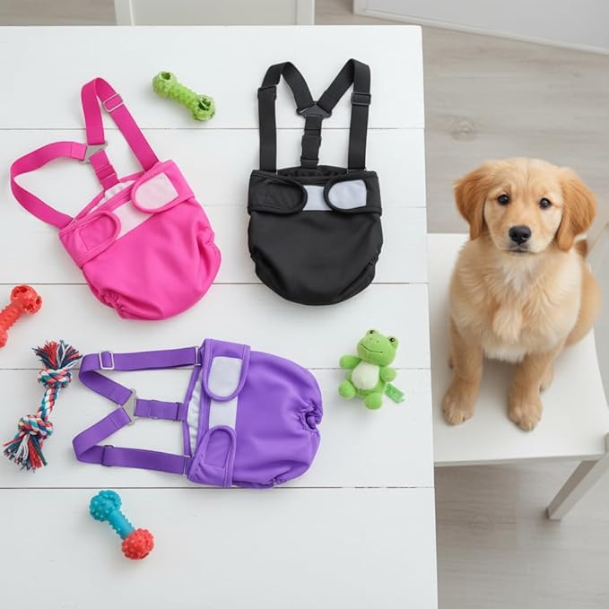 Washable Female Dog Diaper with Suspender - 3 Pack Reusable Super Absorbent & Leakproof Fixed Doggie Diapers for Dogs in Heat Cycle