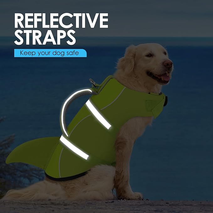 AOFITEE Dog Life Jacket, Dog Life Vest for Swimming, Shark Dogs Swimming Vest with Rescue Handle and Reflective Stripe, Ripstop Pet Float Coat Swimsuit Lifesaver Small Medium Large Dogs Green S