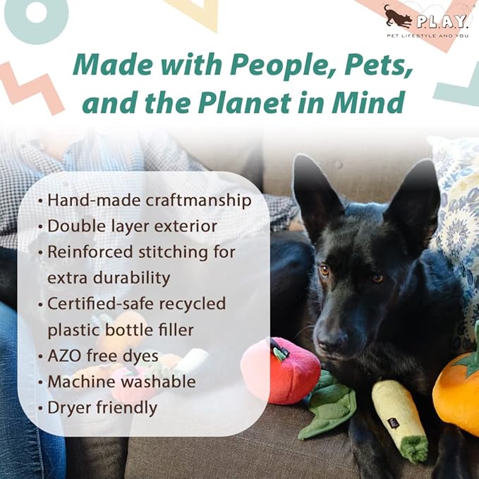 P.L.A.Y. Cute Plush Dog Toys - Fruit & Vegetable Themed Durable Squeaker Chew Toy, Great for Puppies & Small, Medium, Large Dogs - Machine Washable, Recycled Materials (Garden Fresh Peapod, X-Small)