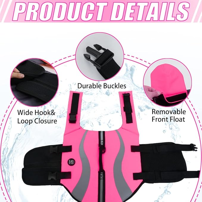 EMUST Dog Life Jacket, Ripstop Large Dog Life Vests Swimsuit for Boating/Swimming/Pool with Double Rescue Handles, Flotation Vest for Large Dogs, Pink,XXL