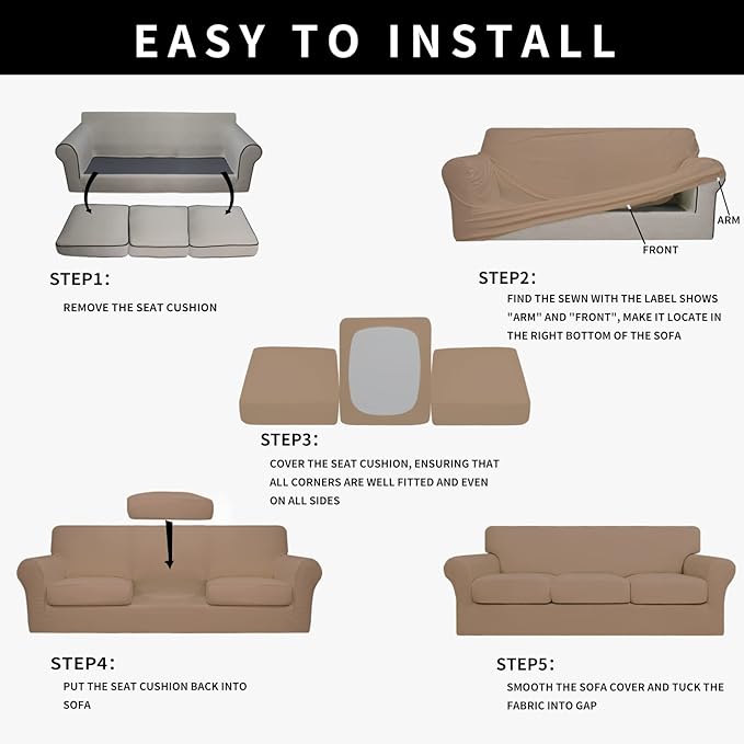 Easy-Going 100% Dual Waterproof 4 Pieces Stretch Soft Couch Cover for Dogs, Sofa Slipcover for 3 Separate Cushion Couch Leakproof Furniture Protector for Kids, Pets Camel