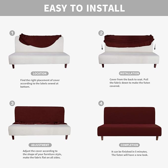 Easy-Going 100% Waterproof Futon Cover, Dual Waterproof Couch Cover for Futon, Stretch Jacquard Sofa Cover, Leakproof Furniture Protector for Kids, Pets, Dog and Cat (Medium, Wine)