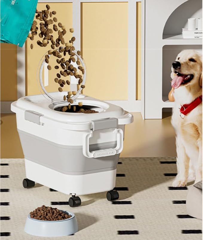 Airtight Dog Food Storage Container, Collapsible Pet Food Container with Casters, Scoop and Cup - Keeps Up to 20 Lbs and Large Capacity