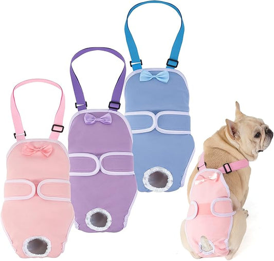 Avont 3 Pack Frenchie Dog Diapers Female, Washable Reusable Girl Doggie Pants for Period Heat Cycle, Full Body Cover Onesie with Adjustable Straps -Pink/Purple/Blue M