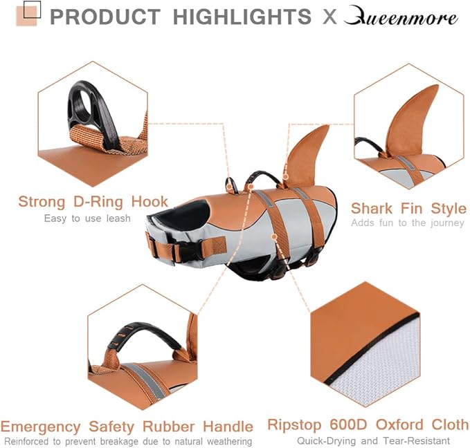 Queenmore Dog Life Jacket,Dog Life Vest for Swimming,Dog Shark Life Jacket with Rescue Handle,Adjustable Reflective Dog Life Preserver for Medium Dog,Brown M