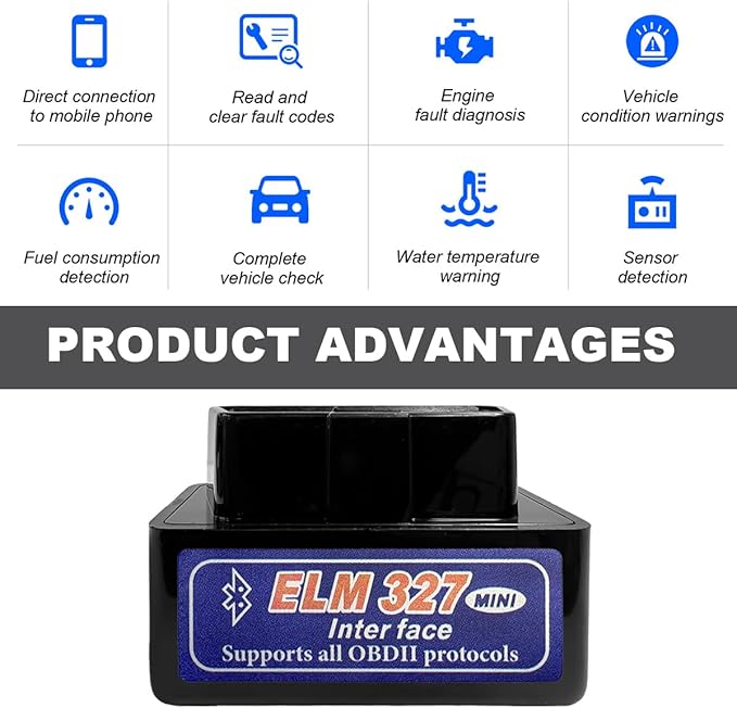 OBDII Car Auto Diagnostic Scanner, ELM327 Automotive Bluetooth Scan Tool and Code Reader, Professional Car Bluetooth Engine Fault Code Reader, Universal Car Accessories (Black & Blue)