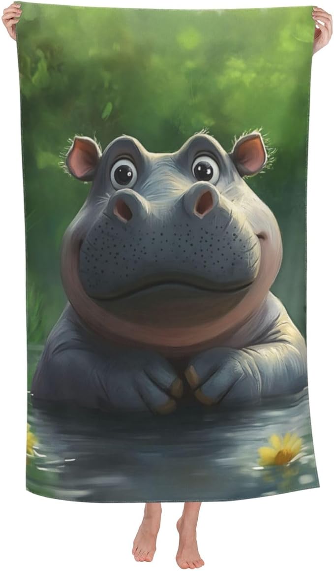 Cute Hippo Beach Towel 31inx51in, Aniaml Sand-Free Microfiber Bath Towel Ultra Soft Quick Dry Pool Towel Absorbent Towel Lightweight Towel for Swimming Bathroom Decor
