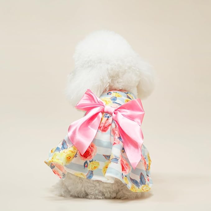 PUPTECK Floral Dog Dress for Spring Outfit Puppy Cute Small Dogs Clothes,Stripe,S