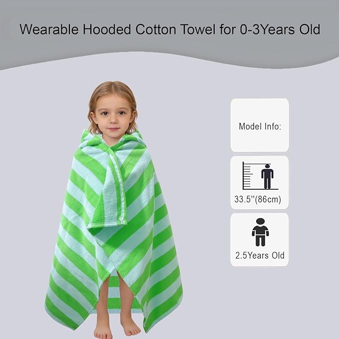 VOOVA & MOVAS Toddler Hooded Bath Towels 0-3T, 25''X40, Soft | Thick | 100% Cotton | Absorbent Towel Wrap for Baby, Perfect for Beach, Pool, Bath, Swimming,Green Stripe