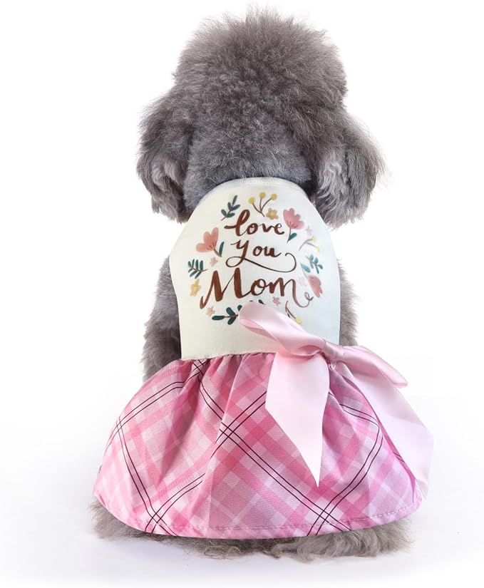 Idepet Dog Dress Love You Mom, Mother's Day Dog Dresses Puppy Skirt Pet Apparel Daisy Sleeveless Holiday Clothes for Small Dogs Girls and Cats, Pink Plaid,XXS