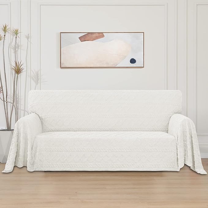 Easy-Going 80X133 inches Sofa Cover, Jacquard Velvet Oversized Couch Slipcover for 3 Cushion Couch, L Shape Sectional Covers for Dogs, Washable Sofa Blanket, Furniture Protector for Pets, Ivory