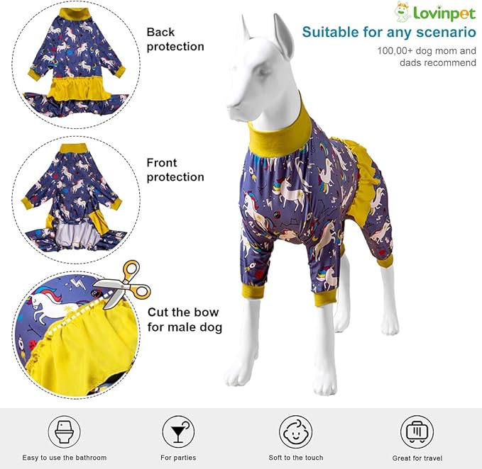 LovinPet Large Dog Pjs - Post Surgery Shirt, Unicorn Rocket Print, Full Coverage Dog Pjs, Pet Pajamas for Dogs, Lightweight Big Dogs Pullover Shirt, Pitbull Clothes, 3XL