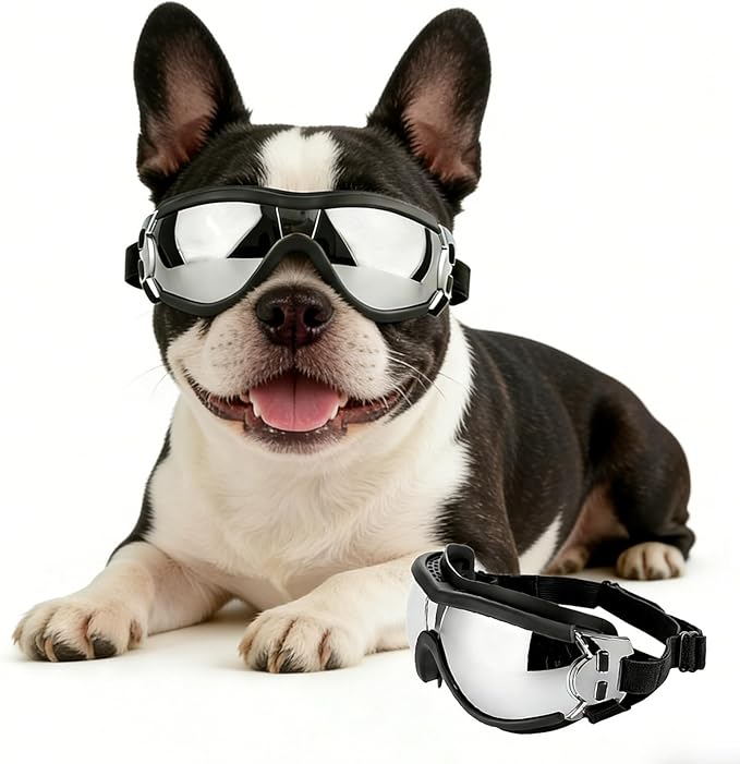 PETLESO Dog Goggles for Small Breeds, UV Protection Dog Sunglasses with Adjustable Straps, Outdoor Windproof Pet Eyewear for Small to Medium Pet, Soft Frame, M