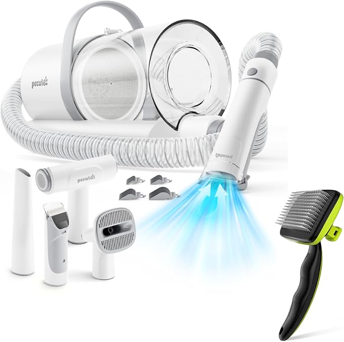 Pecute Self-Cleaning Slicker Brush for Dogs & 4-in-1 Pet Grooming Vacuum Kit with Clipper, Brush