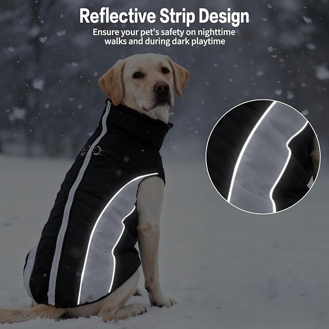 Dog Coats for Large Dogs with Harness Built in, Waterproof Dog Jacket Warm Pet Winter Coat Snowsuit for Cold Weather, Reflective Fleece Windproof Jacket, Black, U-LDMF03XXL