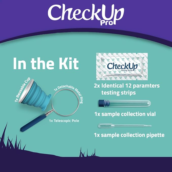 CheckUp Pro at Home Wellness Test for Dogs | Telescopic Pole, Reusable Cup, 2 Strips | Detection of 10 Indicators | pH, Protein, Urobilinogen, Glucose, Bilirubin, Ketone, S-Gravity, Blood in Urine