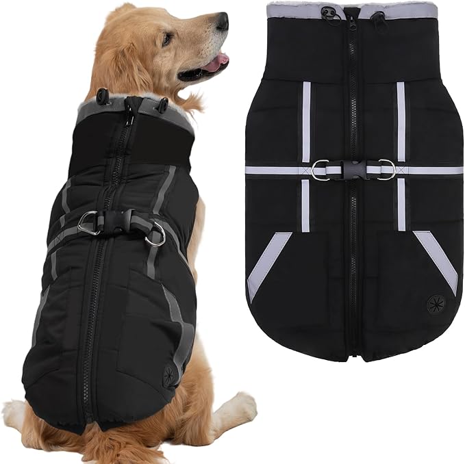 Mihachi Dog Snow Jacket Waterproof Dog Coat with Harness Built in,Thick Fleece Lined & Pockets,Turtleneck Warm Winter Jacket for Large Dogs Reflective Fleece Vest with Zipper,Snowsuit Outfit,Black XL