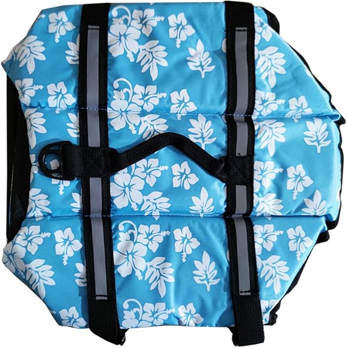 Dog Life Jacket Easy-Fit Adjustable Belt Pet Saver Swimming Safety Swimsuit Preserver with Reflective Stripes for Doggie (S, Flowers and Blue)