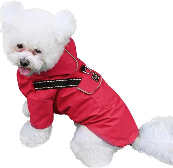 Premium Dog Raincoat with Hood for Small Dogs,Outdoor Sports Waterproof Dog Rain Jacket,Puppy Raincoat with Pockets,Red S