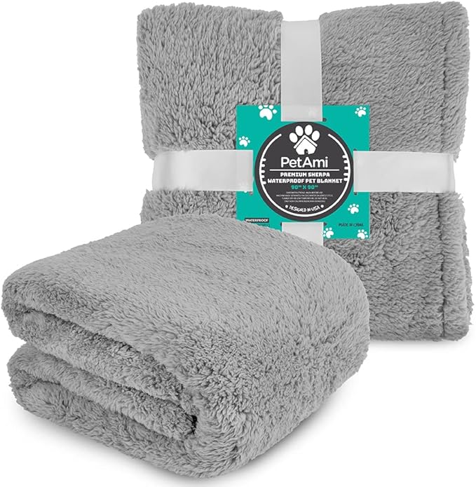 PetAmi Fluffy Waterproof Dog Blanket for Bed Large Dogs, Soft Warm Pet Sherpa Throw Pee Proof Couch Cover, Reversible Cat Blanket Sofa Crate Kennel Protector, Washable Mat Queen (Light Grey, 90x90)