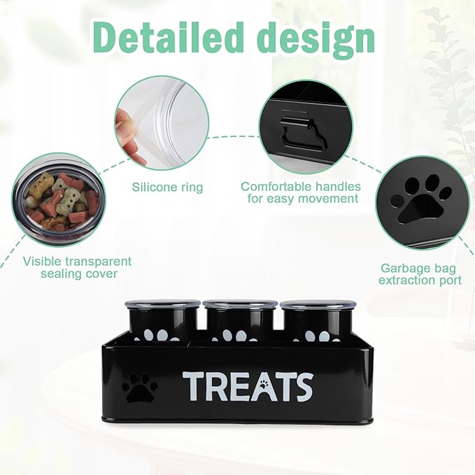 3-Compartment Dog Treat Container with Lids-Airtight 28oz Food Storage Containers for Pets & Snacks, Coated Galvanized Steel Countertop Canister, Kitchen Pantry Organization System-White (Black)