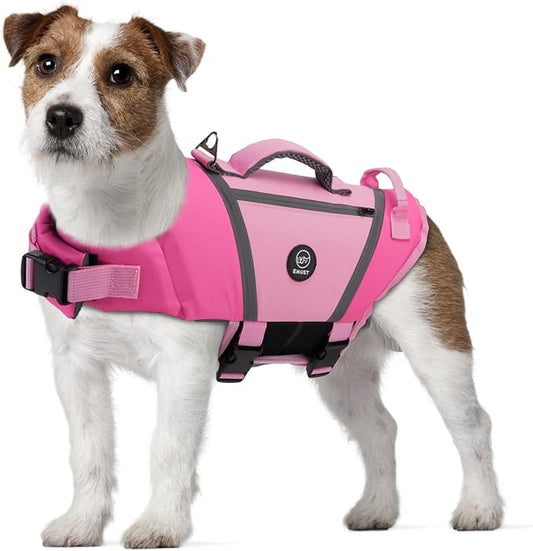 EMUST Dog Life Vests for Swimming, Adjustable Dog Life Jackets for Small Dogs with Hook & Loop, Reflective Dog Swim Vest with Quick-Release Buckles for Bulldogs, Dachshunds, Corgis, Pink, S