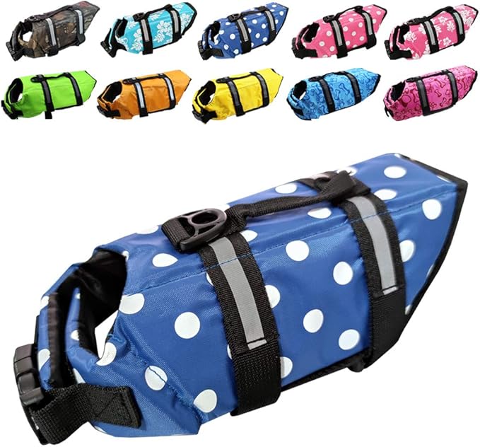 Dog Life Jacket Easy-Fit Adjustable Belt Pet Saver Swimming Safety Swimsuit Preserver with Reflective Stripes for Doggie (L, Speckle and Blue)