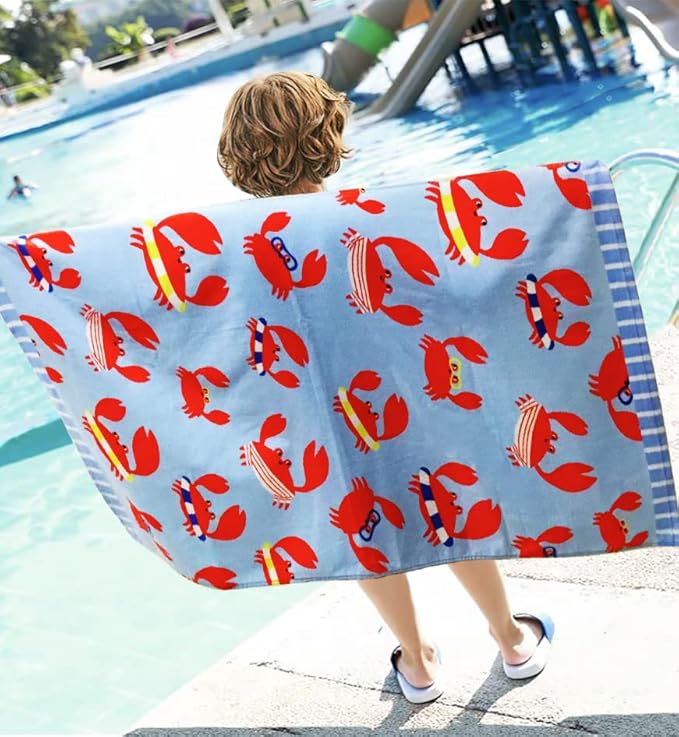 YIFONTIN Beach Towel for Kids Velour Terry Blanket Throw 100% Cotton 25.5X51 inches for Swimming Bath Travel Camping and Picnic, Red Crab.
