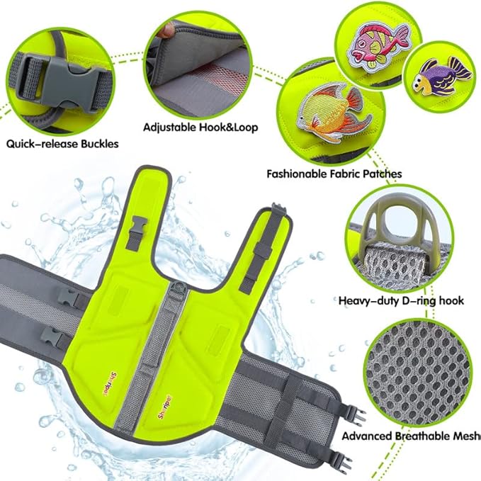 Dog Life Jacket for Large Dogs, Dog Life Vest for Swimming with Three Fashion Fabric Patches, Dogs Swim Jacket with Reflective Stripes and Double Rescue Handle, Pet Flotation Vest, XL