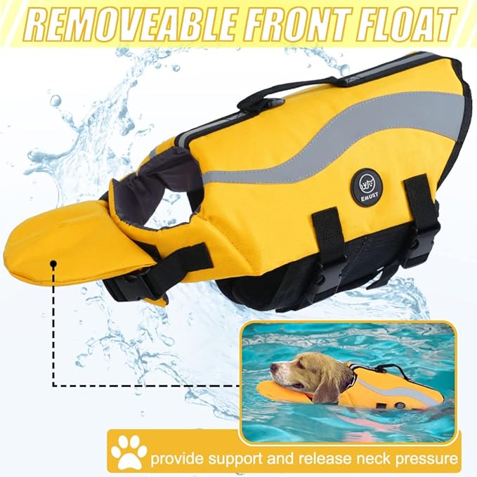 EMUST Life Jacket for Large Dogs, Dog Life Vest for Small/Medium/Large Dogs with Double Rescue Handles, High Reflective Dog Life Preserver for Swimming, Yellow,L