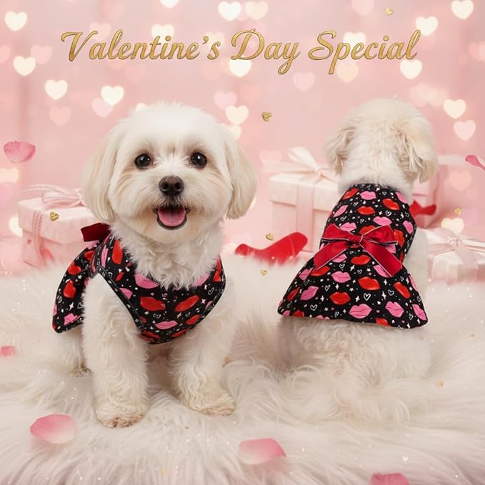 Valentine’s Day Dog Dress Cute Heart Pattern Puppy Skirt Adjustable Pet Outfit for Small & Medium Dogs Holiday Party Costume for Dogs