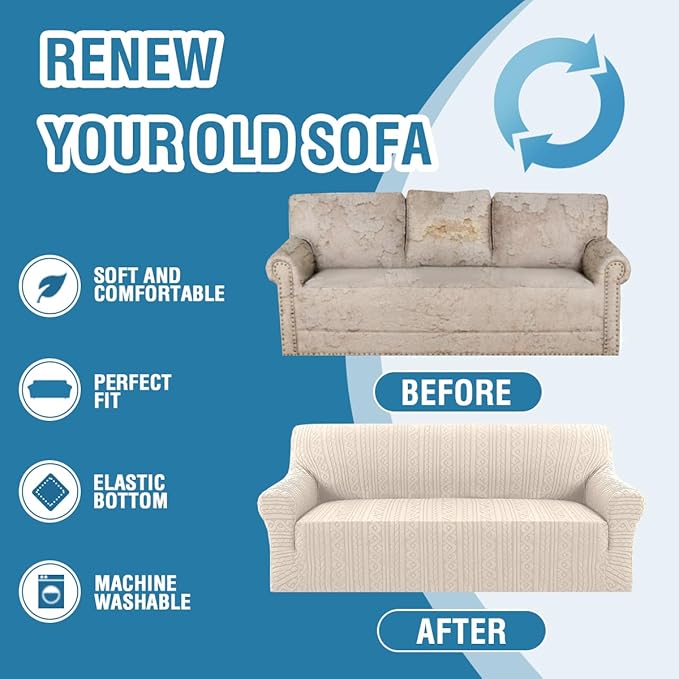 H.VERSAILTEX Jacquard Couch Covers for 3 Cushion Couch 1 Piece Stretch Sofa Covers Furniture Protector Anti-Slip Soft Thickened Dogs Slipcovers Washable Spiral Pattern(Sofa, Ivory)