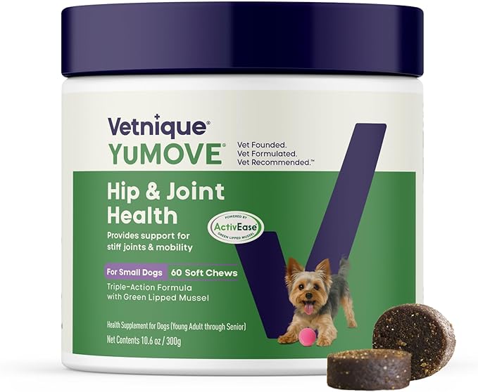 YuMOVE Hip & Joint Supplement for Dogs - Glucosamine, Green Lipped Mussel, Hyaluronic Acid & Omega 3 Supports Mobility, Flexibility & Joint Comfort - 60 Chews (Small/Medium Dogs)