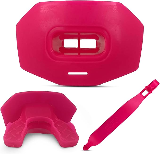 DAMAGE CONTROL Youth Football Mouth Guard – Breathable No Boil Mouthpiece, Protects Lips & Teeth, Works with Braces, Includes Helmet Strap – Sports Gear & Accessories (Hot Pink)