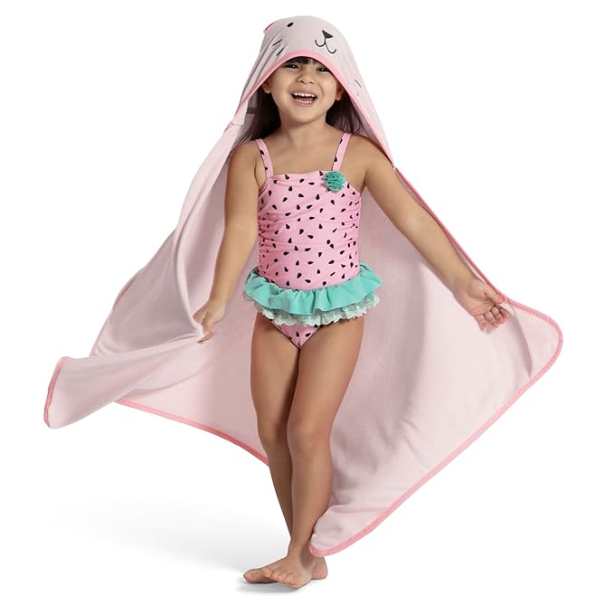 Delta Children Kids Hooded Bath Towel with Pockets - Super Soft and Absorbent- Great Gift for Boys and Girls, Pink Cat