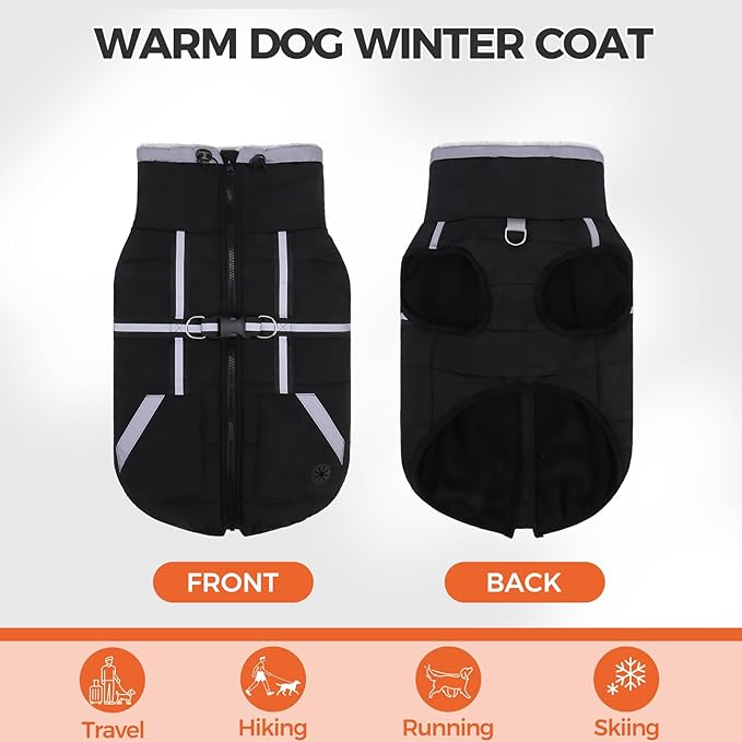 Mihachi Dog Snow Jacket Waterproof Dog Coat with Harness Built in,Thick Fleece Lined & Pockets,Turtleneck Warm Winter Jacket for Small Dogs Reflective Fleece Vest with Zipper,Snowsuit Outfit, Black S